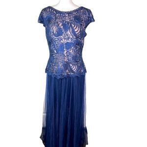 Tadashi Shoji Navy Blue Petal Soutache Formal Gown